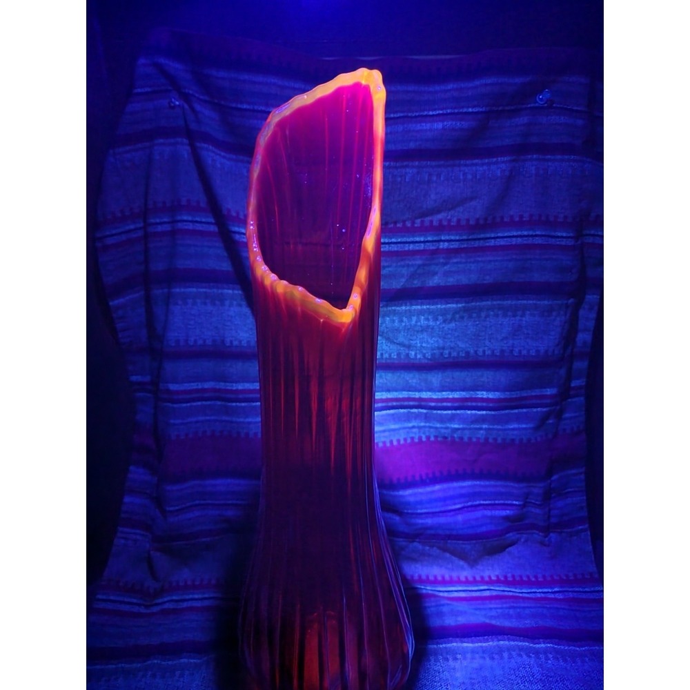 Vintage LE Smith Flame Simplicity Ribbed Glass Swung Floor Vase 21½ Tall UV Glow
